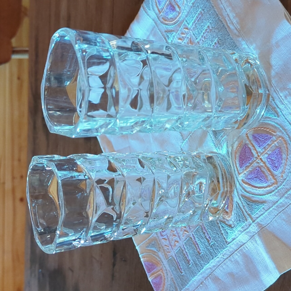 Pair of Vintage Lady Victoria France crystal glass triangle vase.